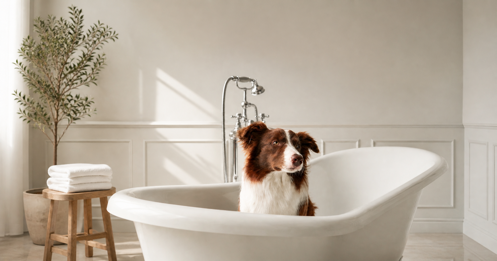 A calm Border Collie sitting in a clawfoot bathtub at Hazel & Co.
